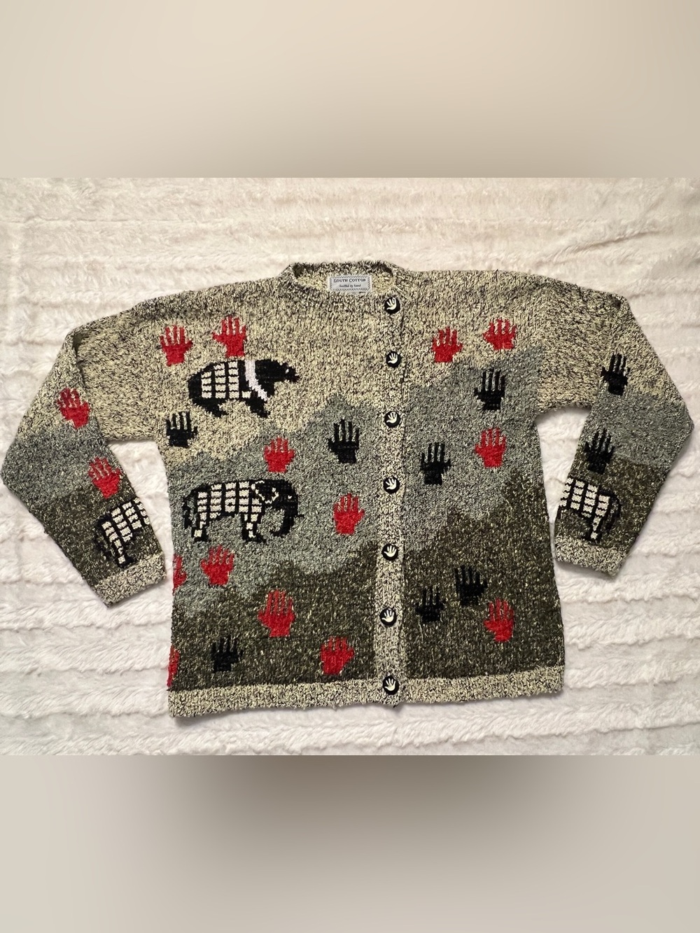 Authentic Vintage South Cotton hand-knit sweater/cardigan,small, elephant, hands